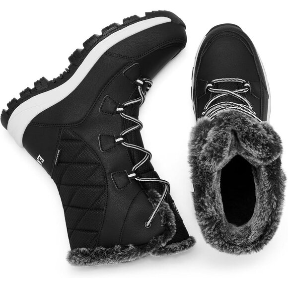 Women’s Black Wheat Strip Waterproof Snow Boots Mid-Calf Faux Fur Lined Non-Slip - Picture 8 of 9